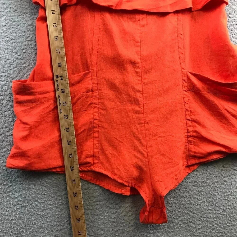 NWT Anthropologie Sz M Orange Tiered Ruffle Smocked Linen Side Pocket Romper